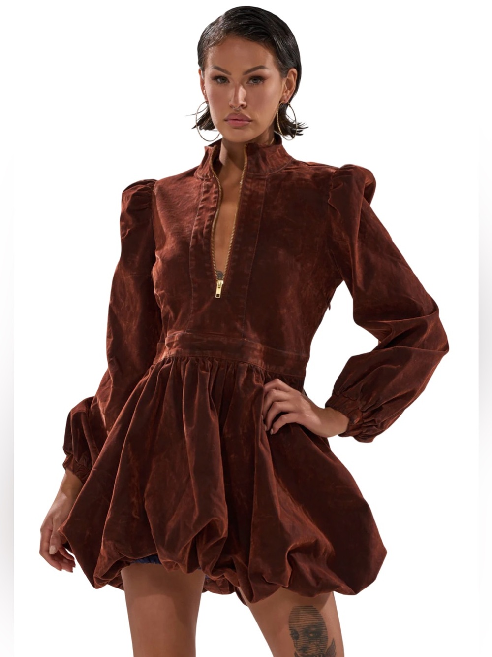 AKIRA NWT Sz S Brown Velvet Denim Long Sleeve Flare Bubbly Mini Dress (0779) - Picture 2 of 16